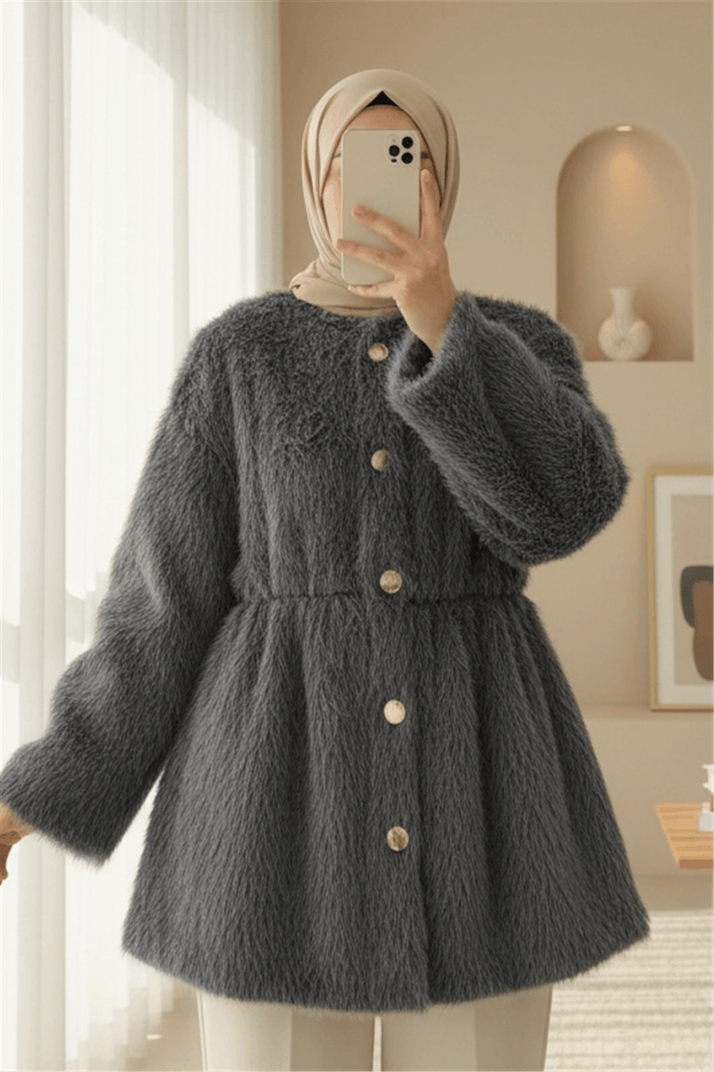 İçi Astarlı Beli Büzgülü Kürklü Ceket -Füme-Ceket-398-99009-R18
