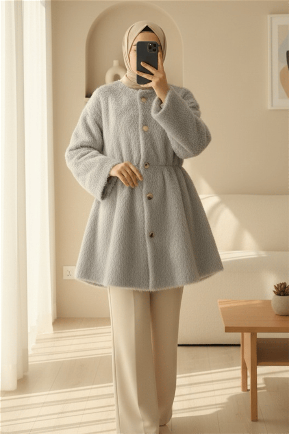 İçi Astarlı Beli Büzgülü Kürklü Ceket -Açık Gri-Ceket-398-99009-R41