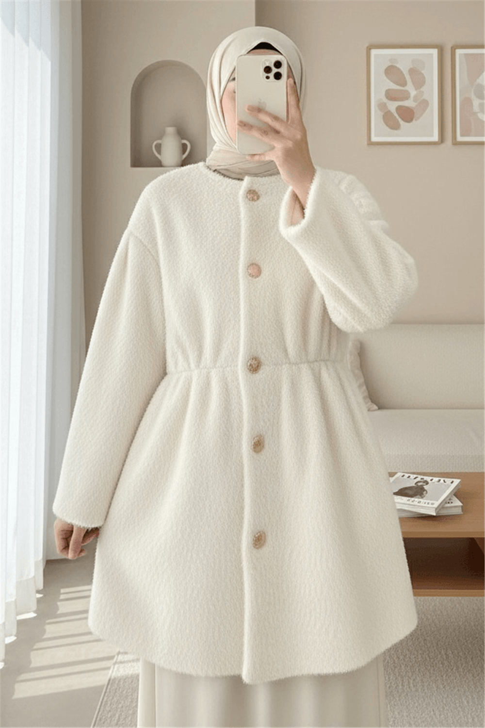 İçi Astarlı Beli Büzgülü Kürklü Ceket  -Krem-Ceket-398-99009-R28