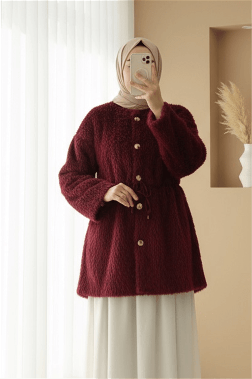 İçi Astarlı Beli Büzgülü Kürklü Ceket -Bordo-Ceket-398-99009-R04