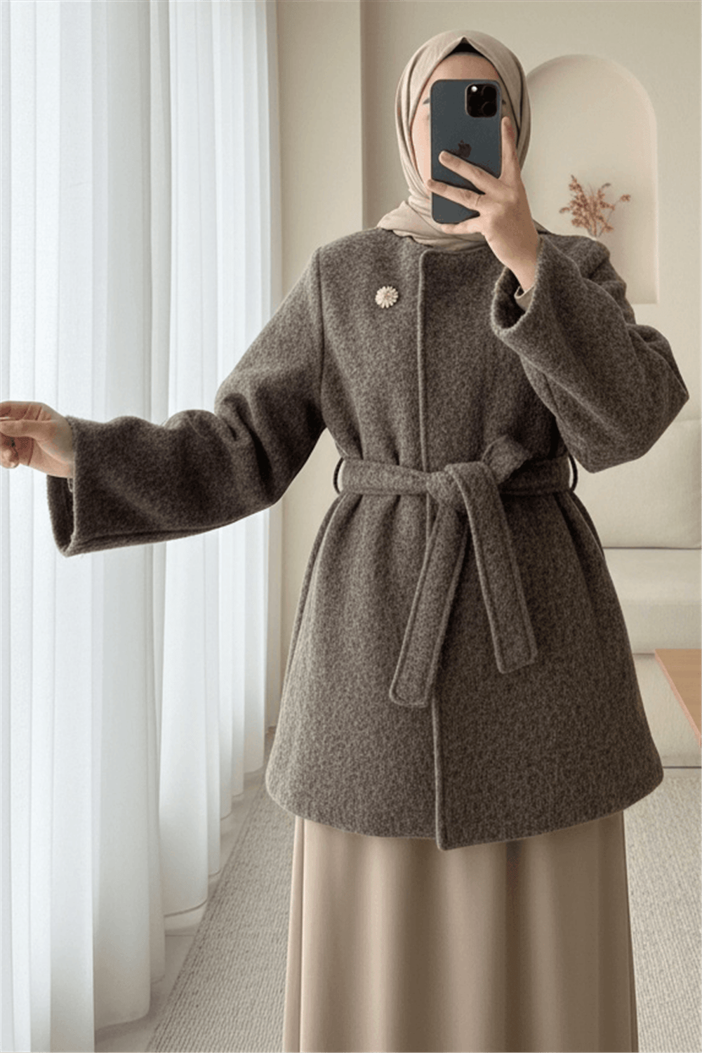 İçi Astarlı Tek Düğmeli Kemerli Sakallı Kap -Kahve-Trençkot-223-3077-R15