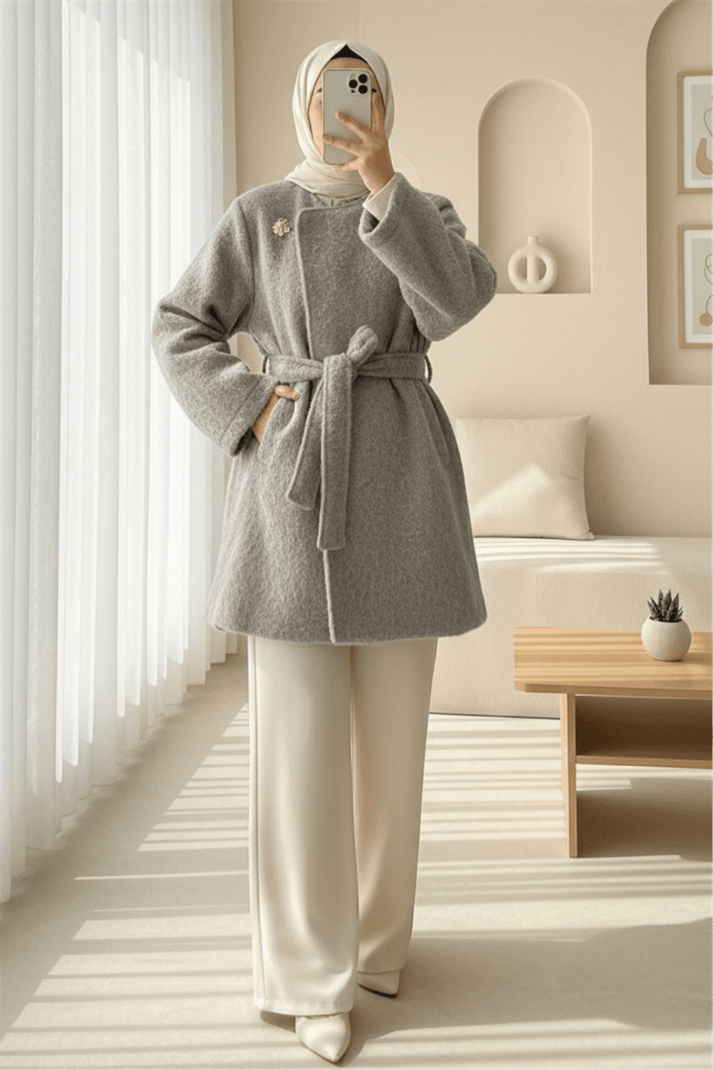 İçi Astarlı Tek Düğmeli Kemerli Sakallı Kap -Taş-Trençkot-223-3077-R43