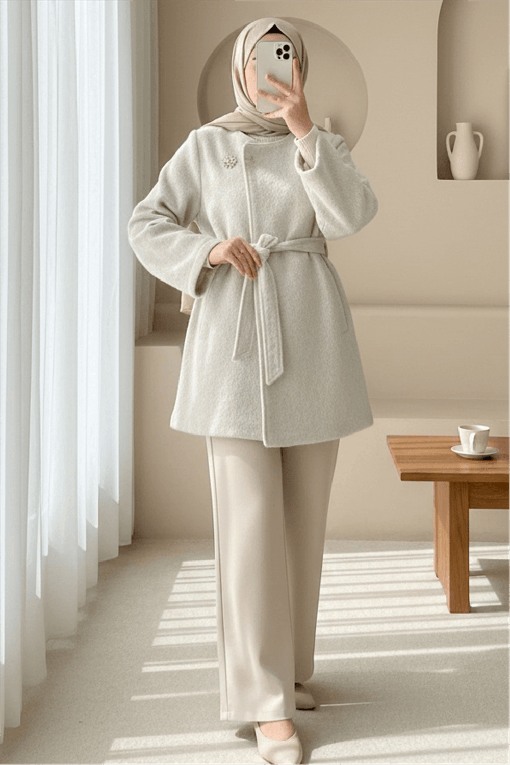 İçi Astarlı Tek Düğmeli Kemerli Sakallı Kap -Krem-Trençkot-223-3077-R28