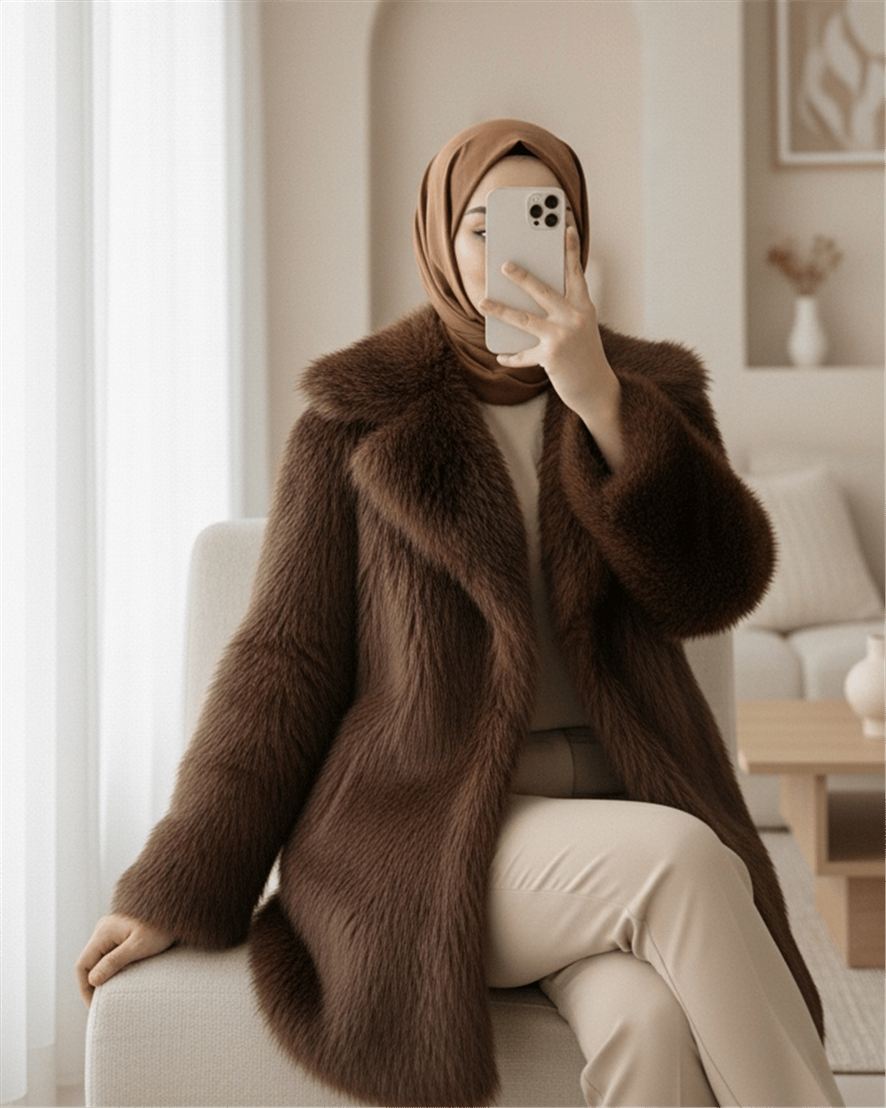 İçi Astarlı Tek Düğmeli Kürklü Ceket  -Kahve-Ceket-348-2461-R15