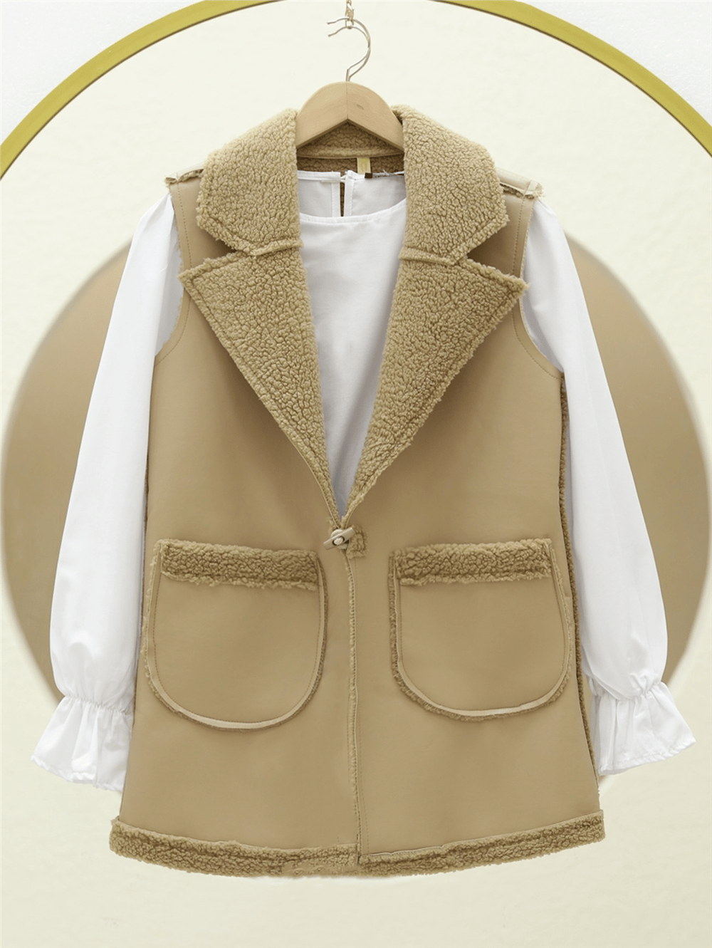 İçi Kuzu Peluş Çift Cepli Yelek  -Açık Vizon-Yelek-398-9023-R51