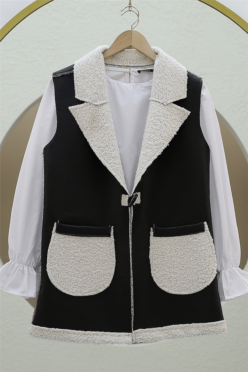 İçi Kuzu Peluş Çift Cepli Yelek -Beyaz-Yelek-398-9023-R02
