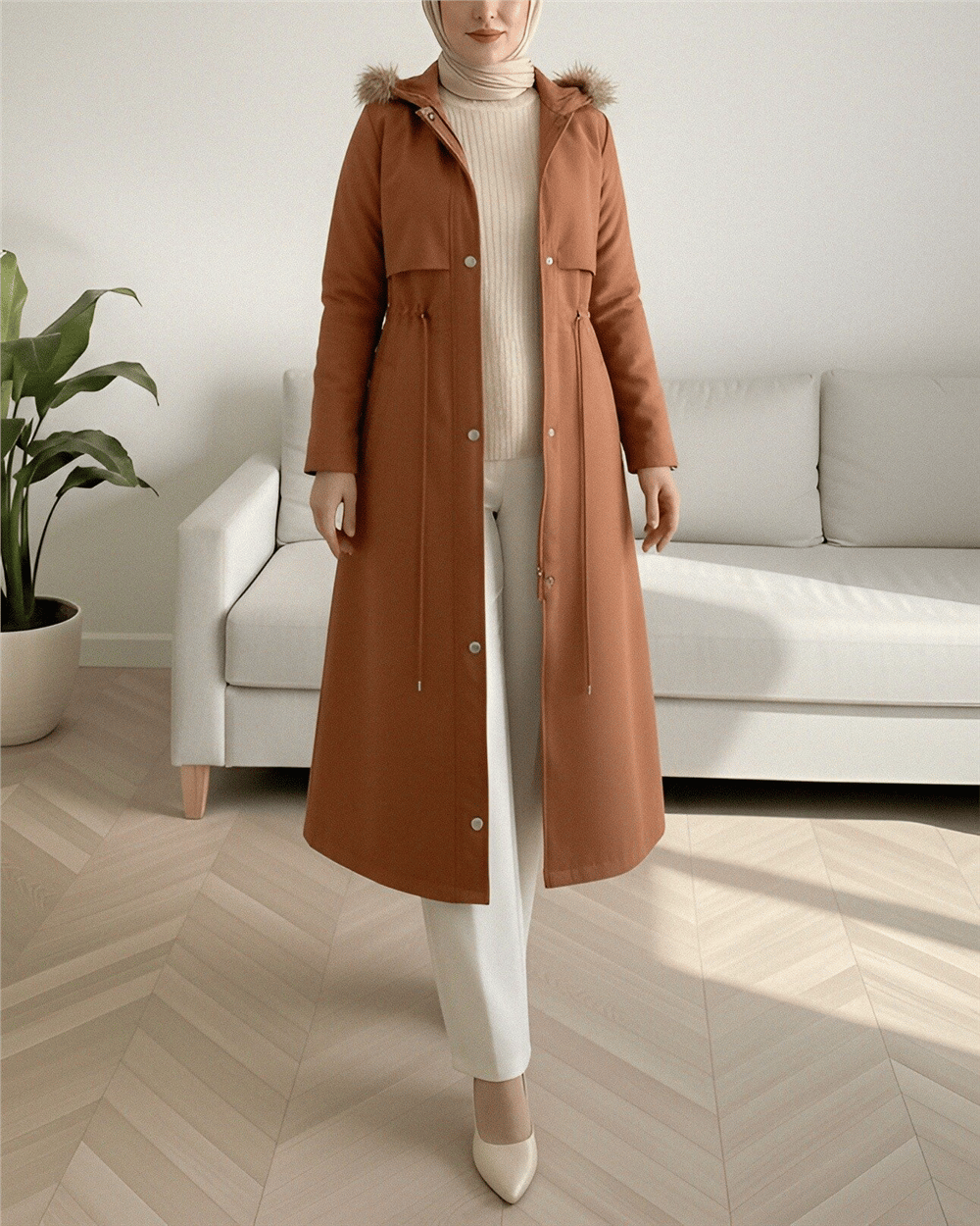 İçi Peluşlu Sabit kapşonlu Tünel Bağcıklı Uzun Mont  -Hardal-Peluş Mont-148-2357-R08