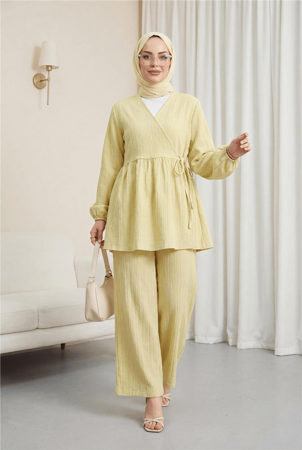 İçten Bağlamalı Tunik Bol Paça Pantolonlu Takım -Yağ Yeşili-Takım-223-3061-R72