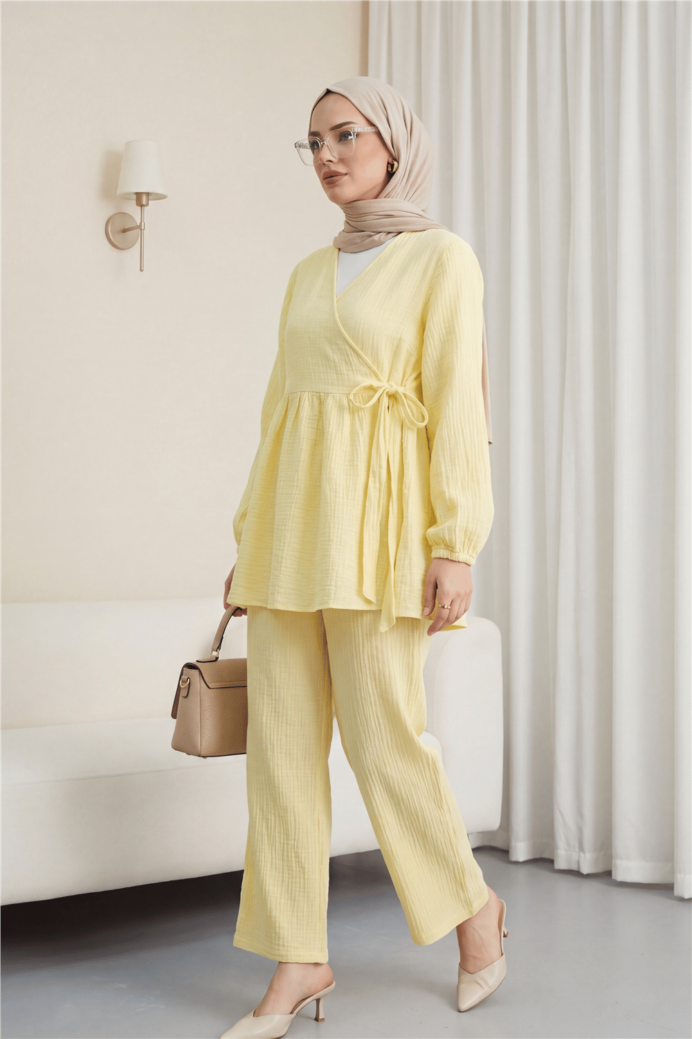 İçten Bağlamalı Tunik Bol Paça Pantolonlu Takım -Sarı-Takım-223-3061-R22