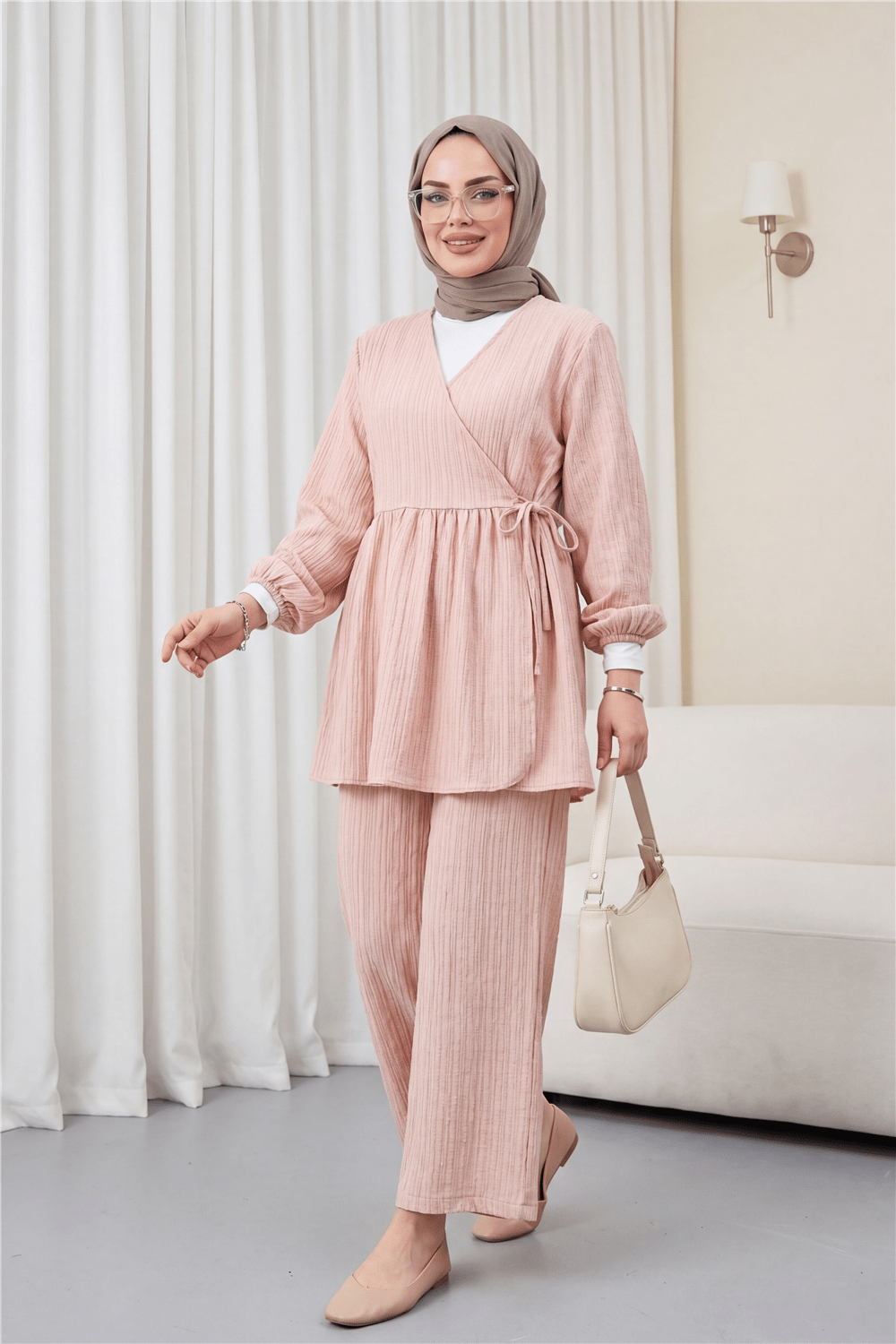 İçten Bağlamalı Tunik Bol Paça Pantolonlu Takım -Vizon-Takım-223-3061-R23