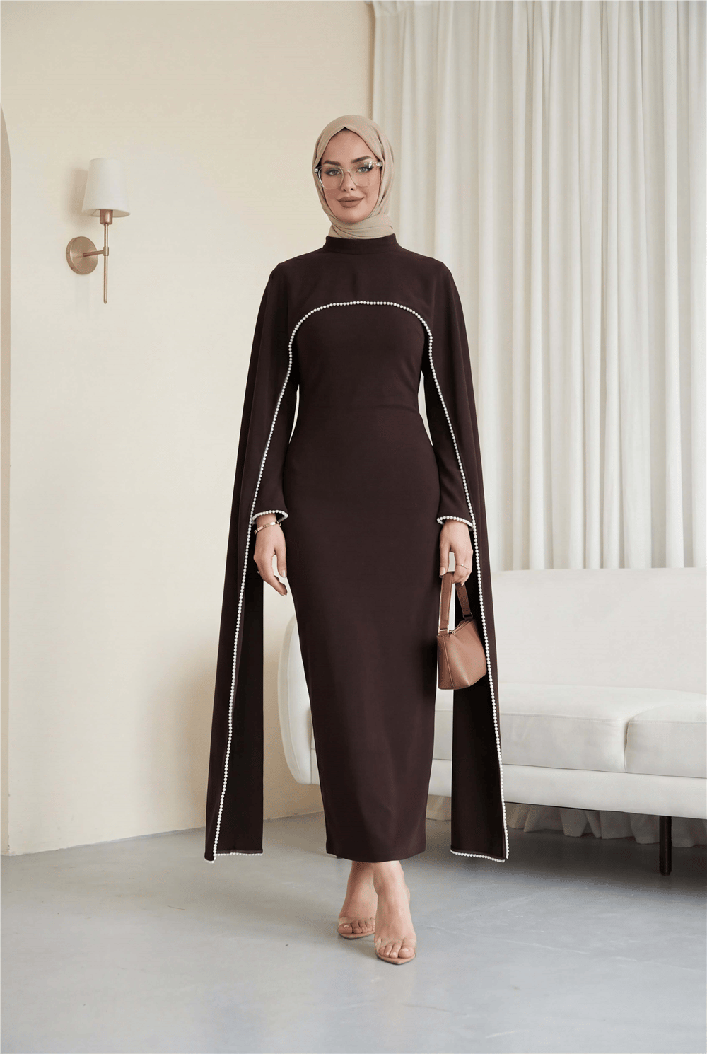 İnci Detaylı Çıkarılabilir Pelerinli İspanyol Kol Astarlı Krep Abaya Elbise  -Koyu Kahverengi-Elbise-386-6280-R54