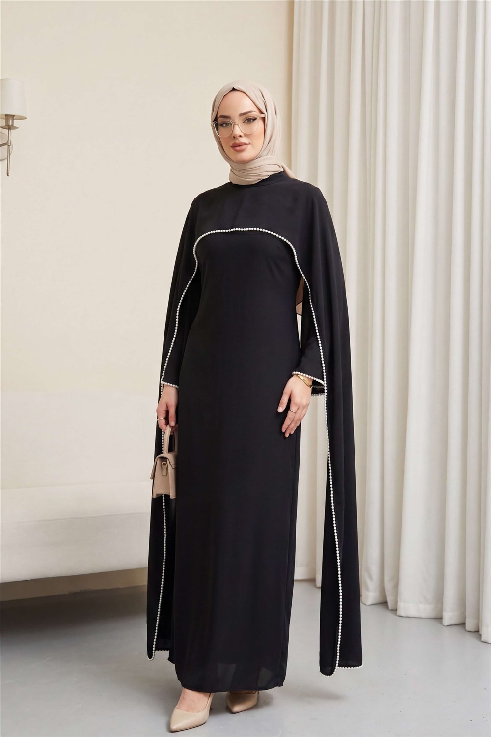 İnci Detaylı Çıkarılabilir Pelerinli İspanyol Kol Astarlı Krep Abaya Elbise -Siyah-Elbise-386-6280-R01