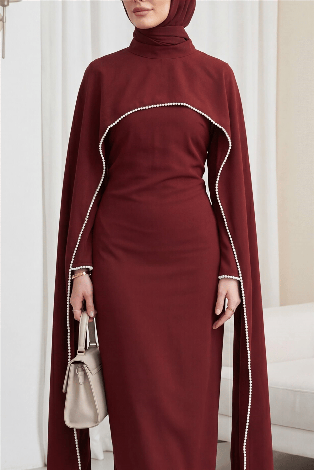 İnci Detaylı Çıkarılabilir Pelerinli İspanyol Kol Astarlı Krep Abaya Elbise  -Bordo-Elbise-386-6280-R04