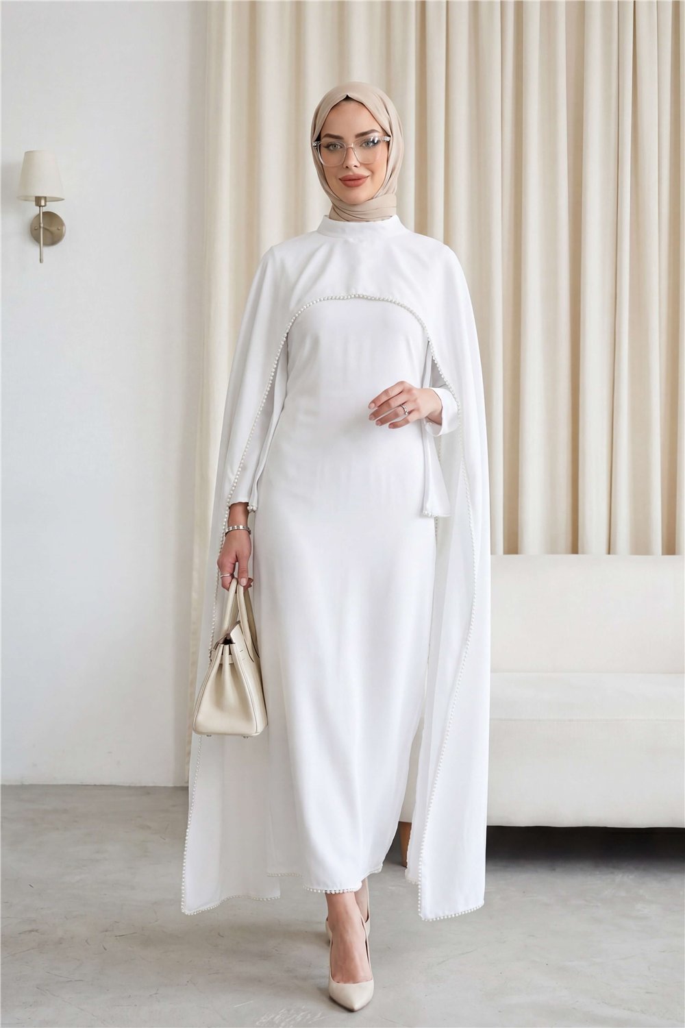 İnci Detaylı Çıkarılabilir Pelerinli İspanyol Kol Astarlı Krep Abaya Elbise  -Beyaz-Elbise-386-6280-R02
