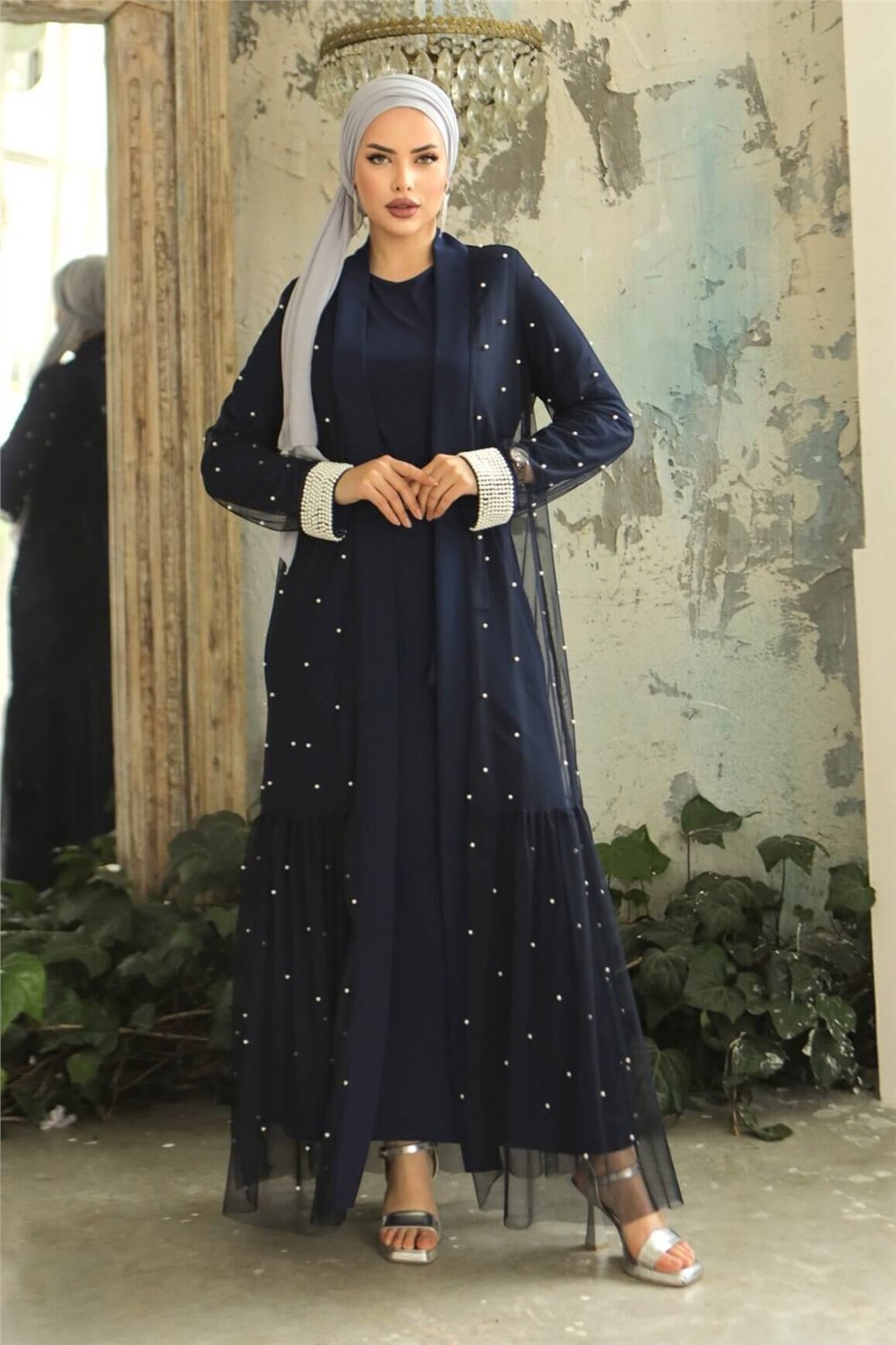 İnci Detaylı Kuşaklı İkili Abaya  -Laci-Elbise-407-3012-R03