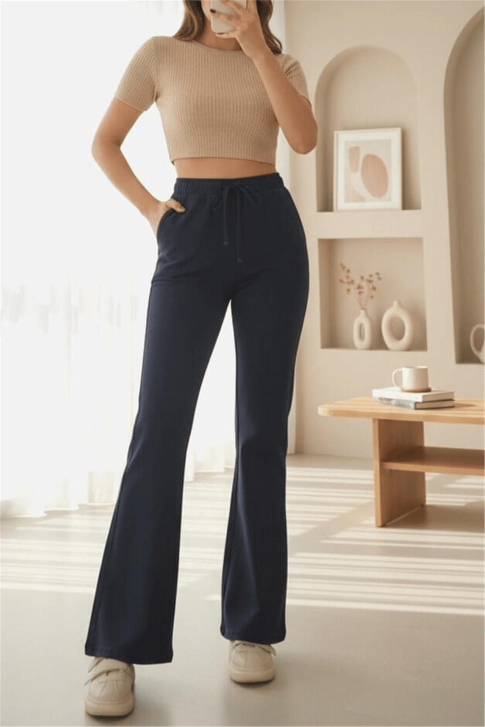 İspanyol Paça Bağcık Detaylı Kot Pantolon -Lacivert-Kot Pantolon-136-0839-R03