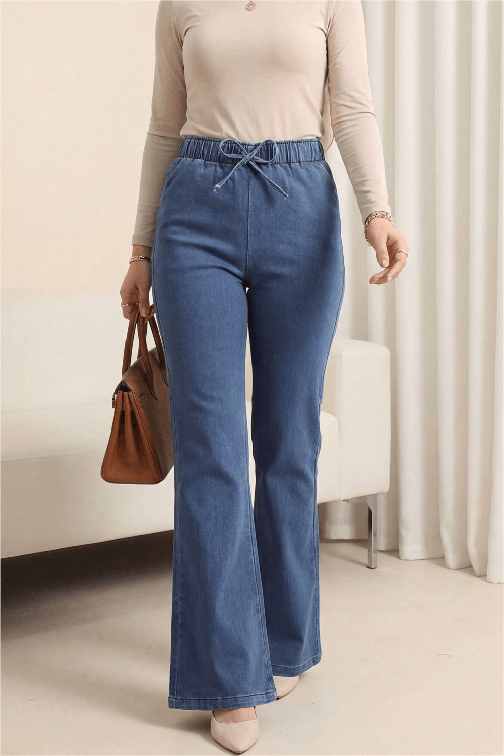بنطلون جينز واسع الساق ومزين بالدانتيل - أزرق ثلجي-Kot Pantolon-136-0839-R37