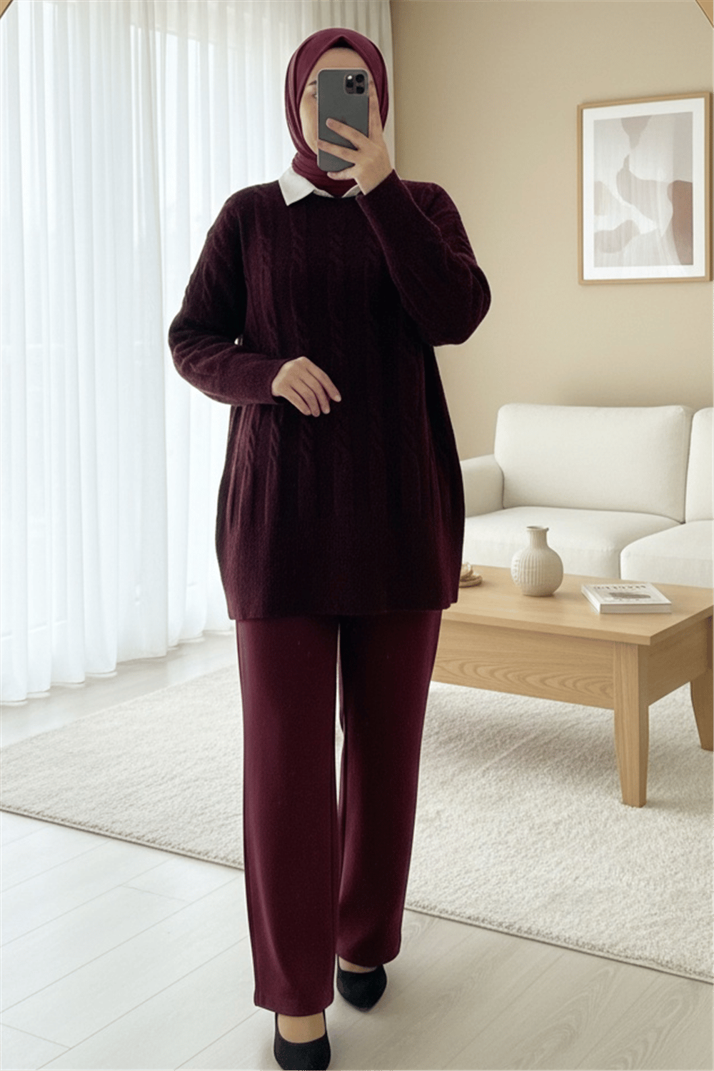 Kabartma Desenli Yumoş Triko Kazak -Bordo-Kazak-109-0943-R04