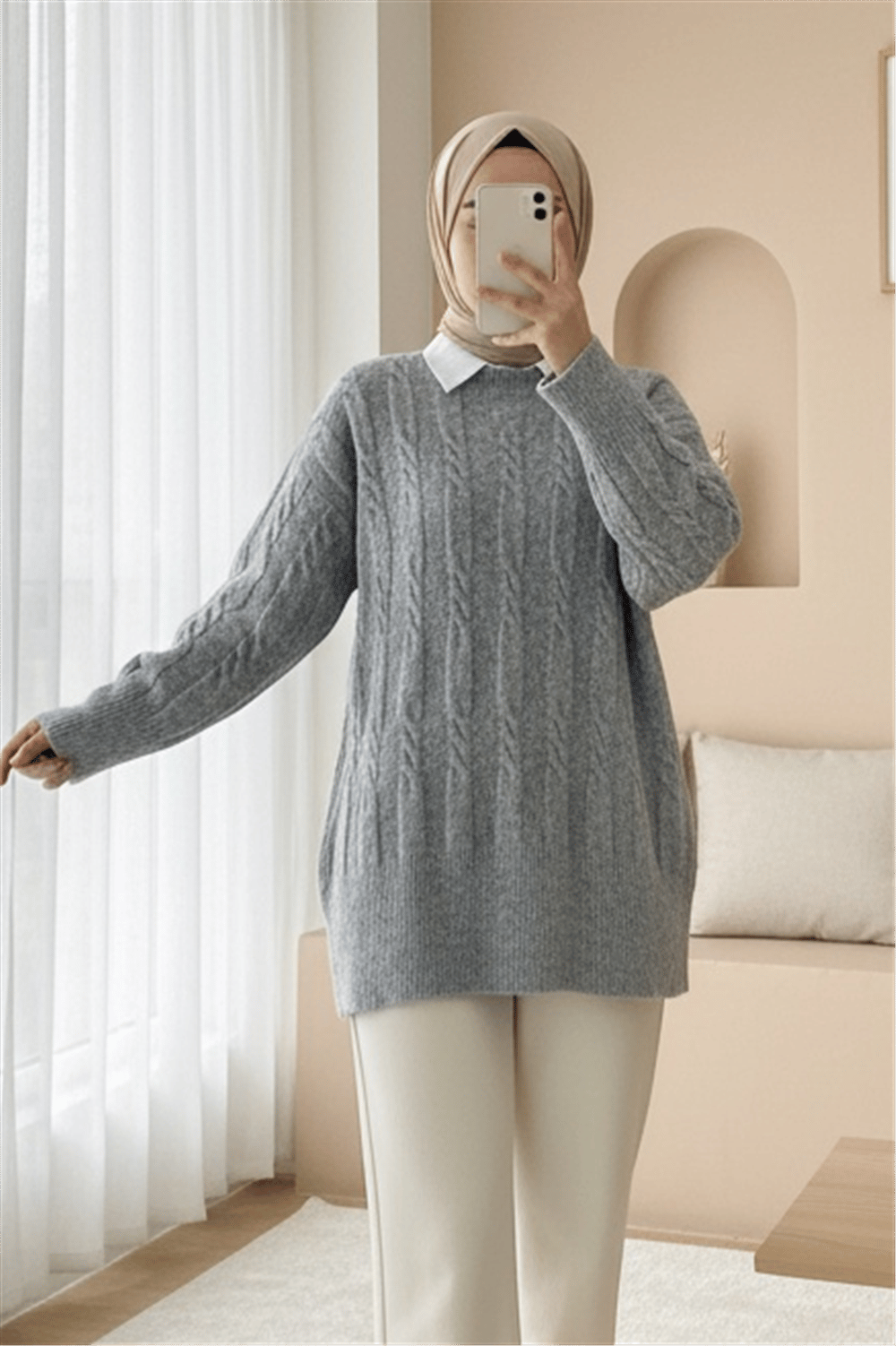 Kabartma Desenli Yumoş Triko Kazak -Gri-Kazak-109-0943-R11
