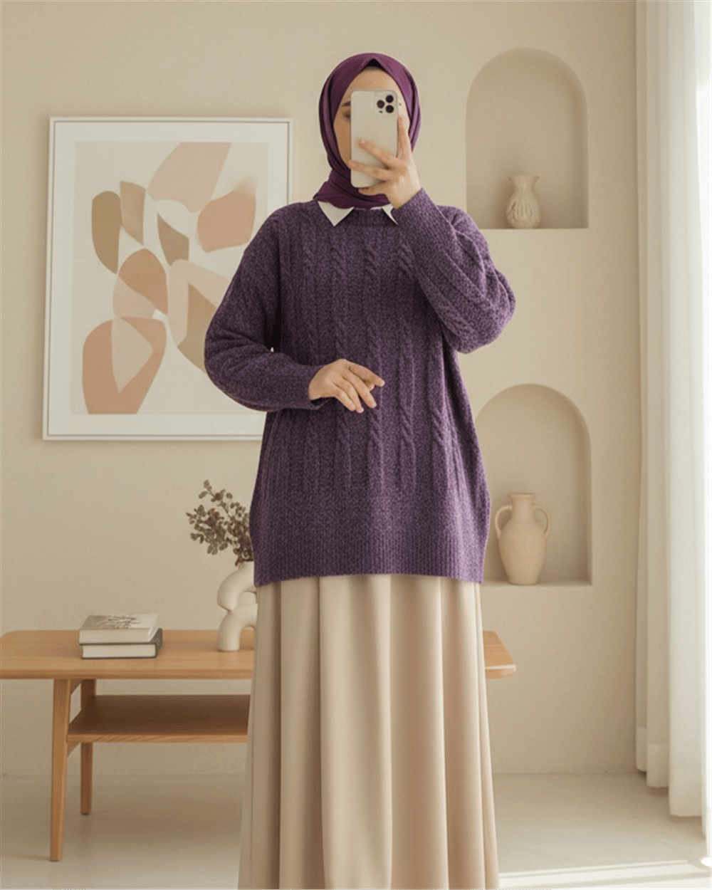 Kabartma Desenli Yumoş Triko Kazak -Mor-Kazak-109-0943-R34