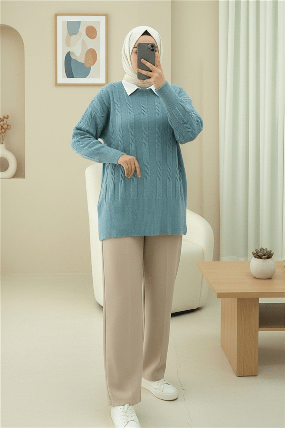 Kabartma Desenli Yumoş Triko Kazak  -Turkuaz-Kazak-109-0943-R19