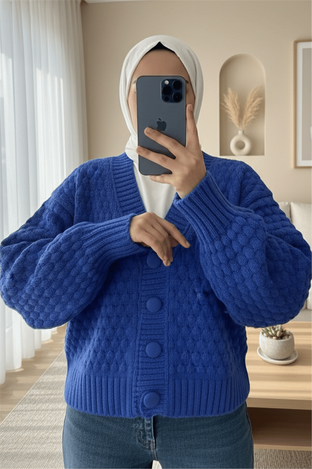 Kabartma Örgülü Düğmeli Triko Hırka  -Saks-Hırka-109-0260-R10