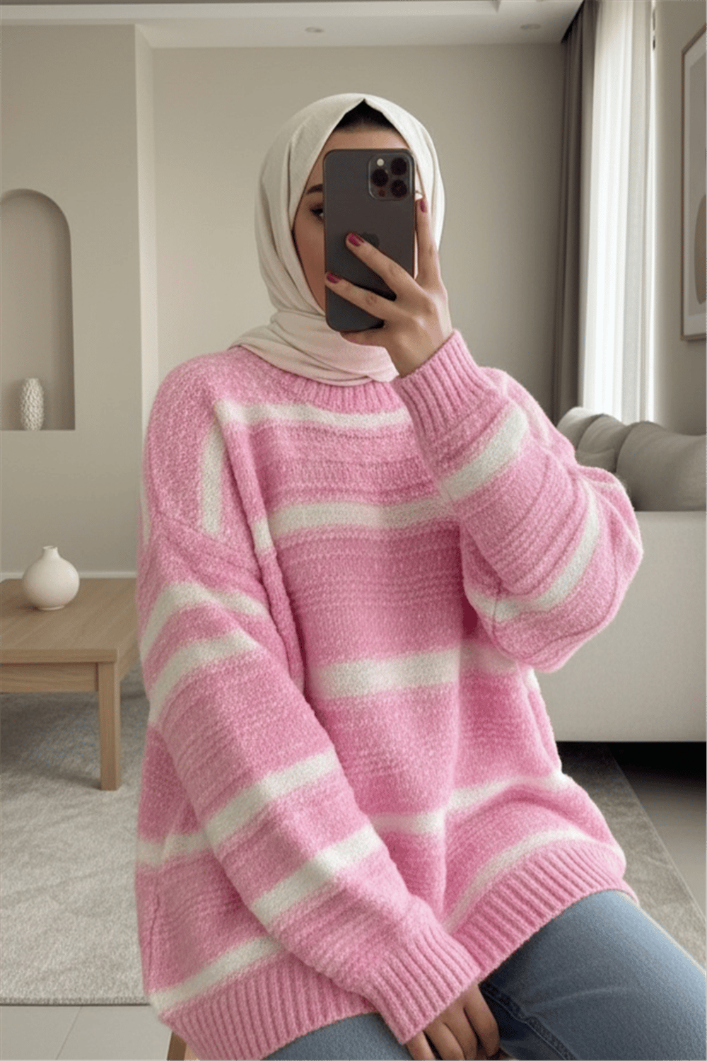 Kalın Çizgi Desenli Örme Triko Kazak -Pembe-Kazak-385-3559-R20