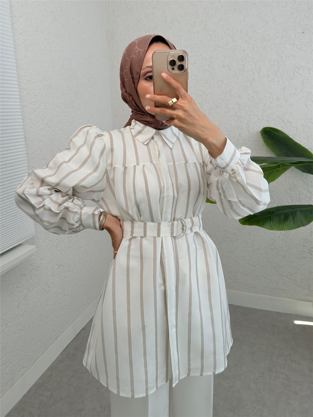 Kalın Çizgili Tokalı Kemerli Gömlek -Bej-223-6258-R56