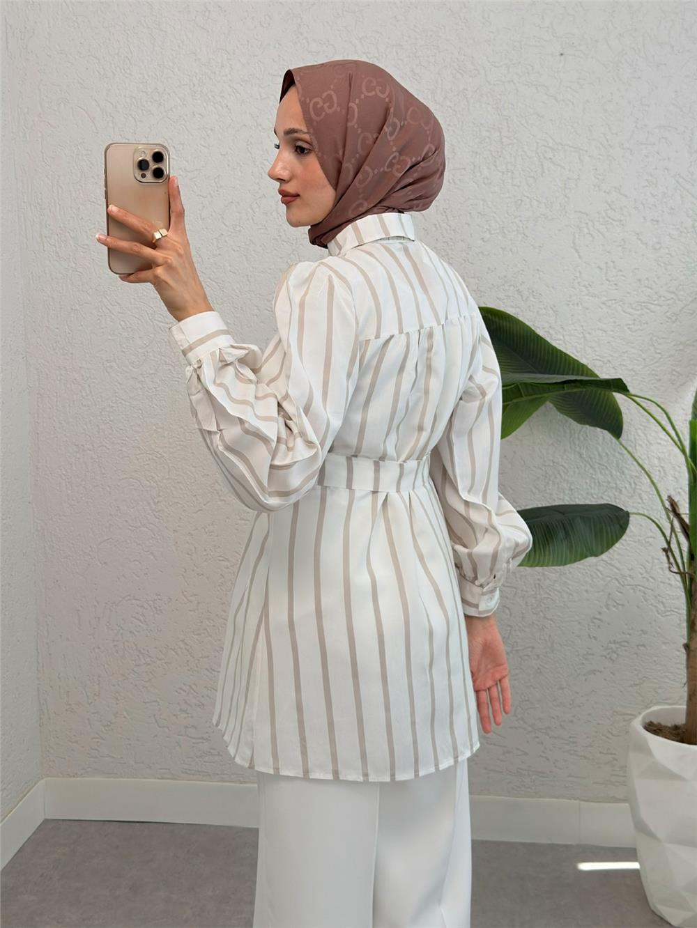 Kalın Çizgili Tokalı Kemerli Gömlek -Bej-223-6258-R56