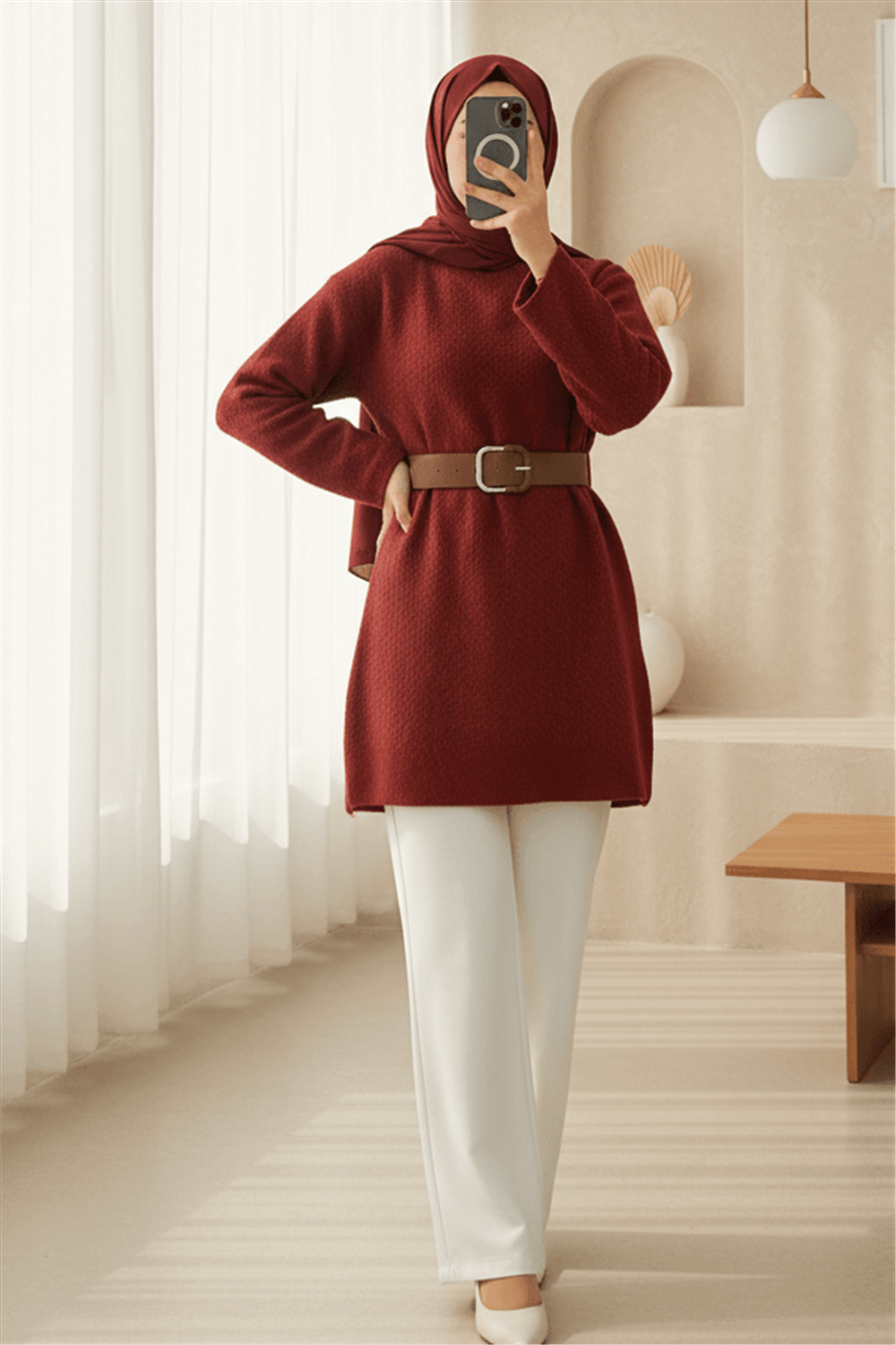Kalın Kemerli Buklet Kazak  -Bordo-Kazak-253-13129-R04