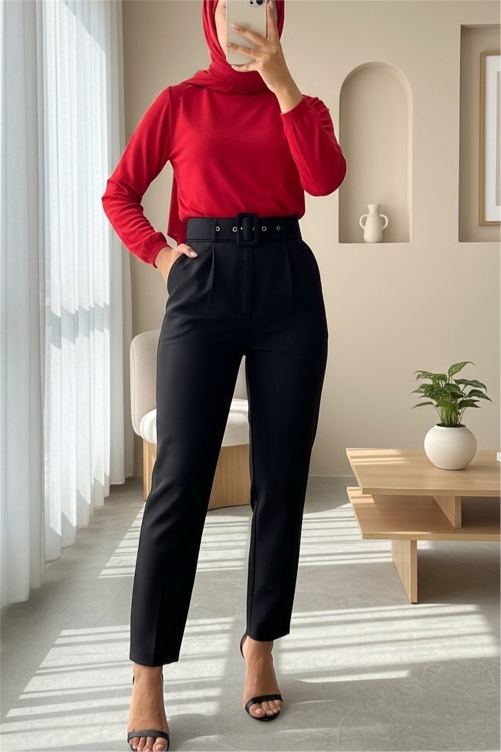 Kalın Kemerli Kumaş Pantalon  -Siyah-Pantolon-186-055-R01