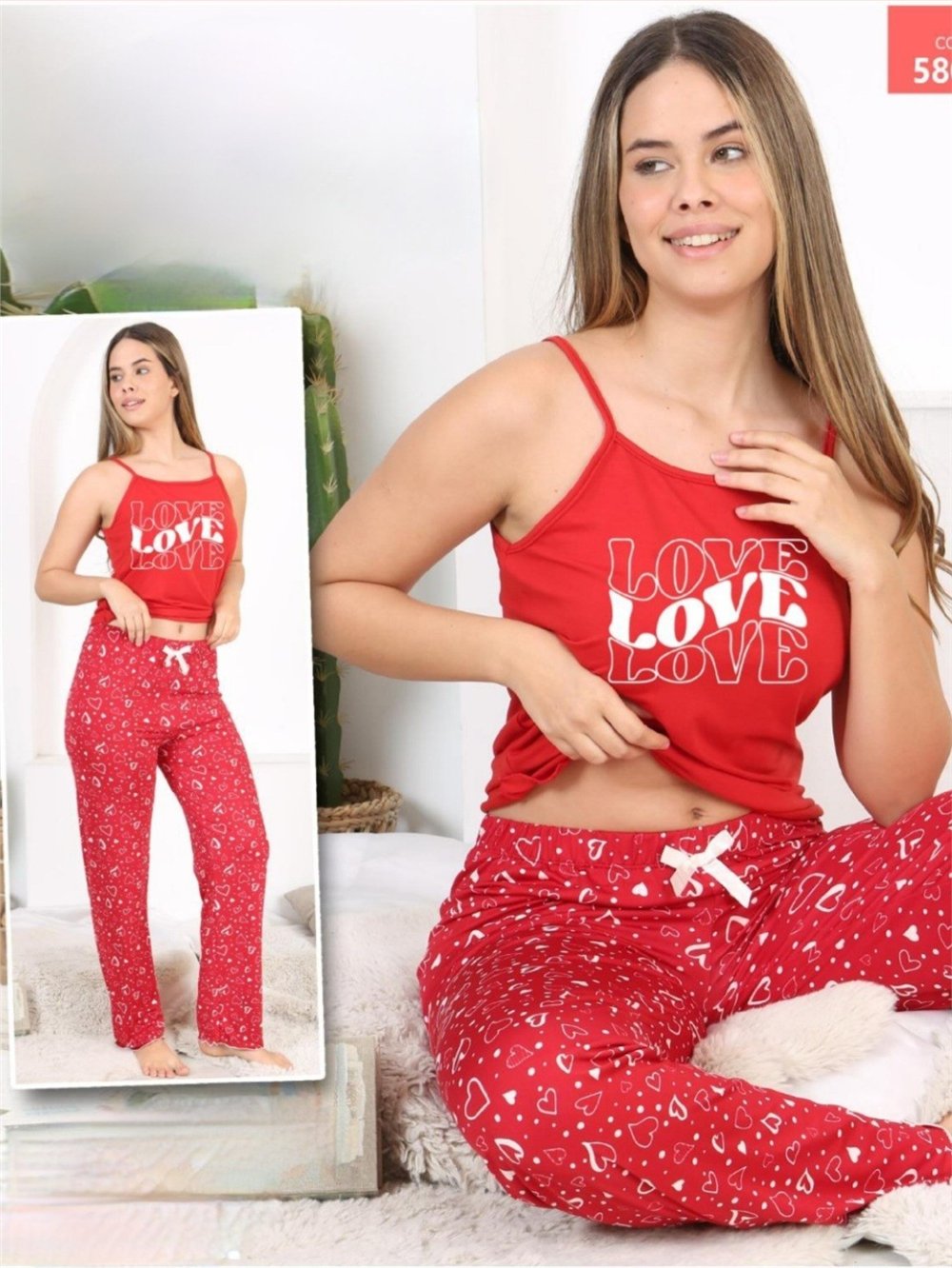 Kalp Desenli İp Askılı Pijama Takımı -Kırmızı-Pijama-416-58089-R33