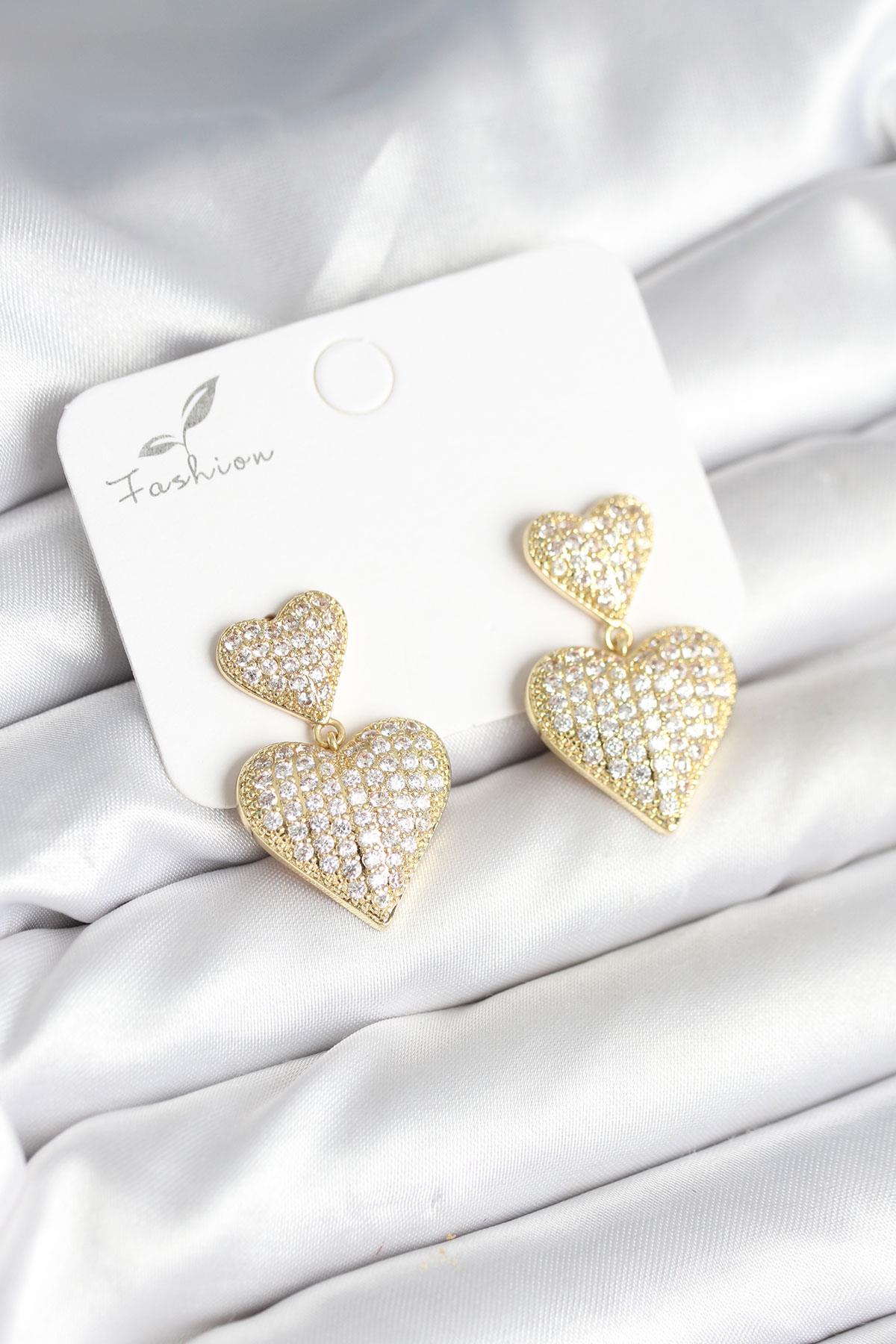 Kalp Model Zirkon Taşlı Gold Renk Pirinç Kadın Küpe