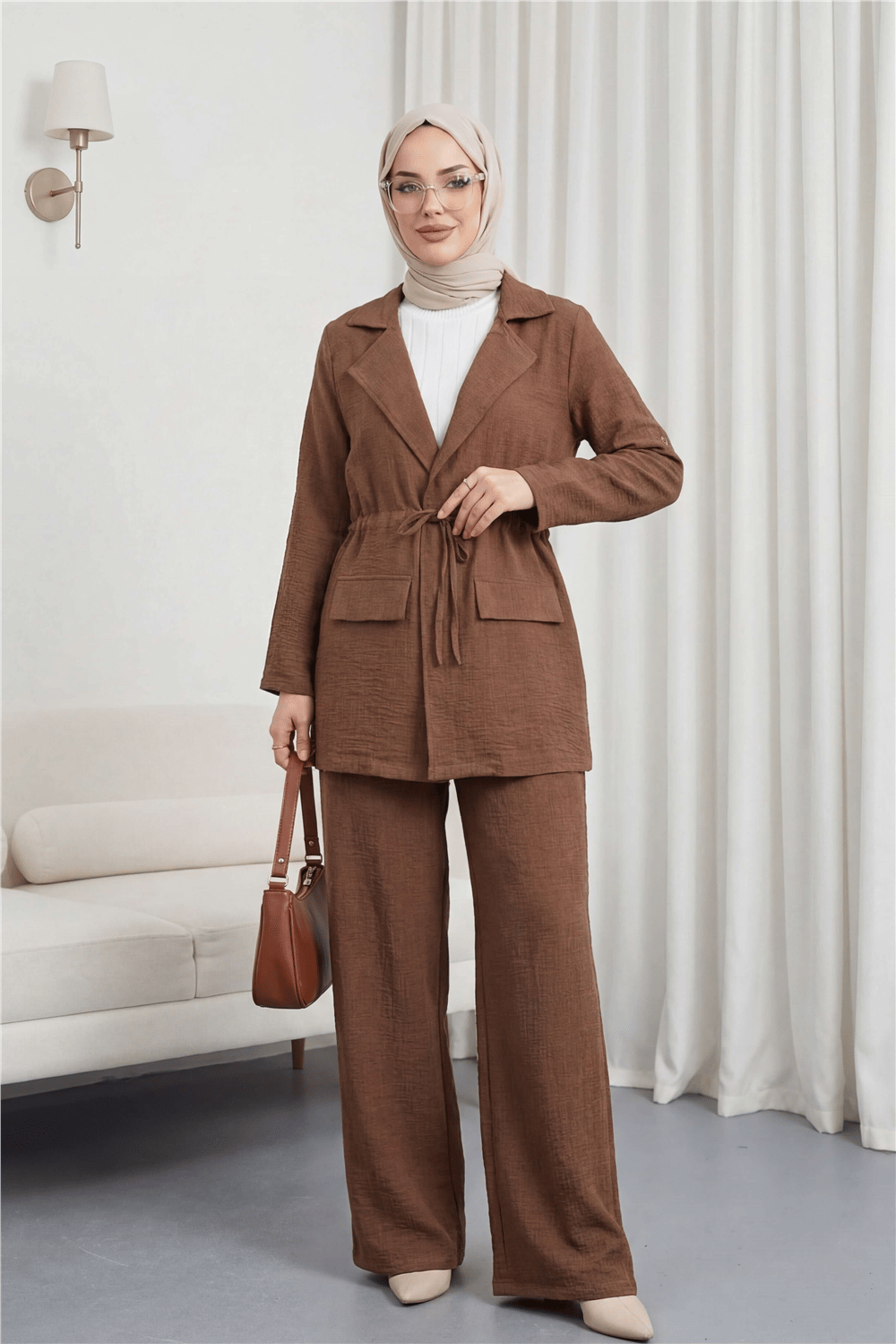 طقم كتان جاكيت جسر النفق المغطى - بني-Takım-349-4063-R15