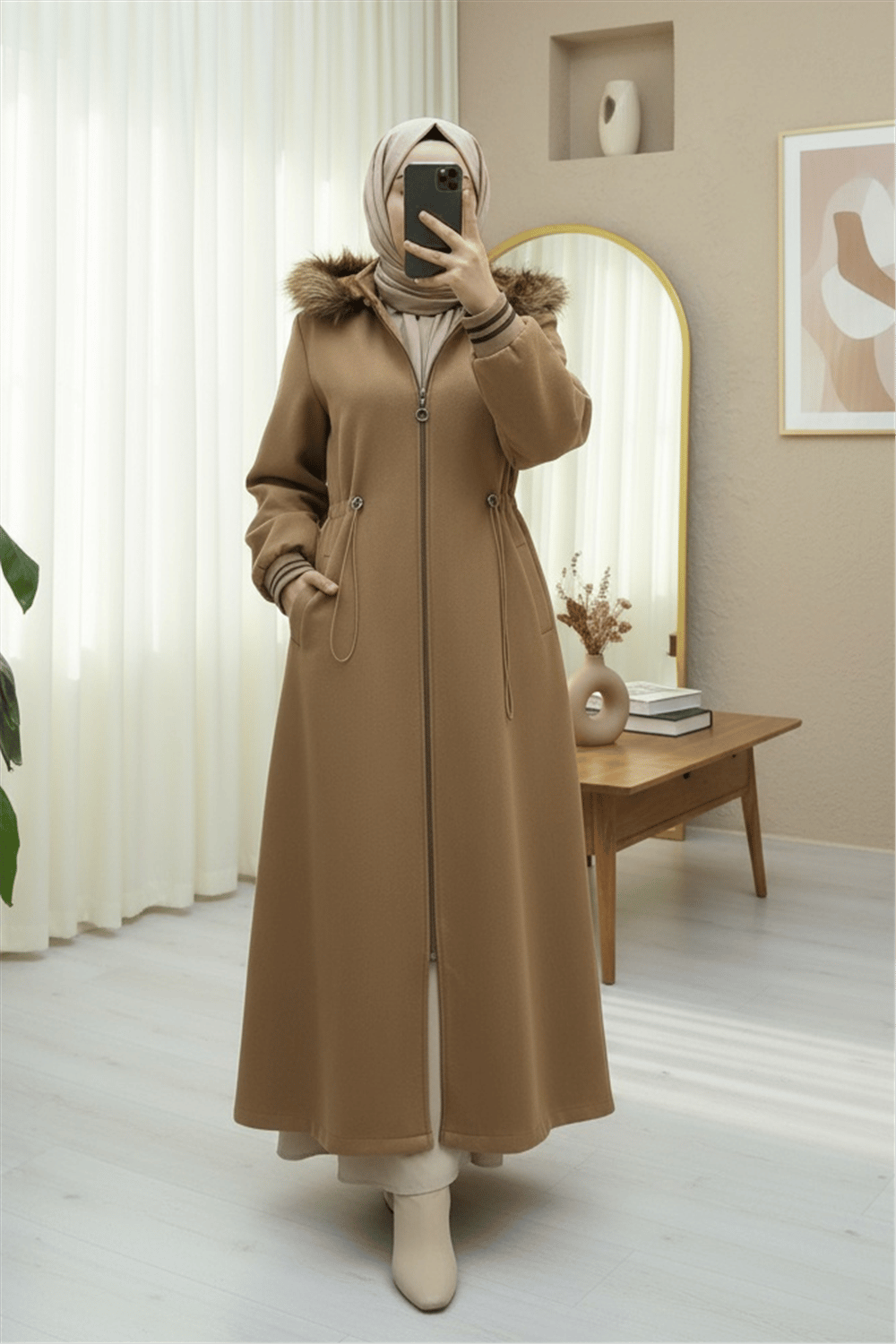 Kapşonlu Beli Lastikli Cepli Kaşe Kaban -Taba-Kaban-197-9503-R12