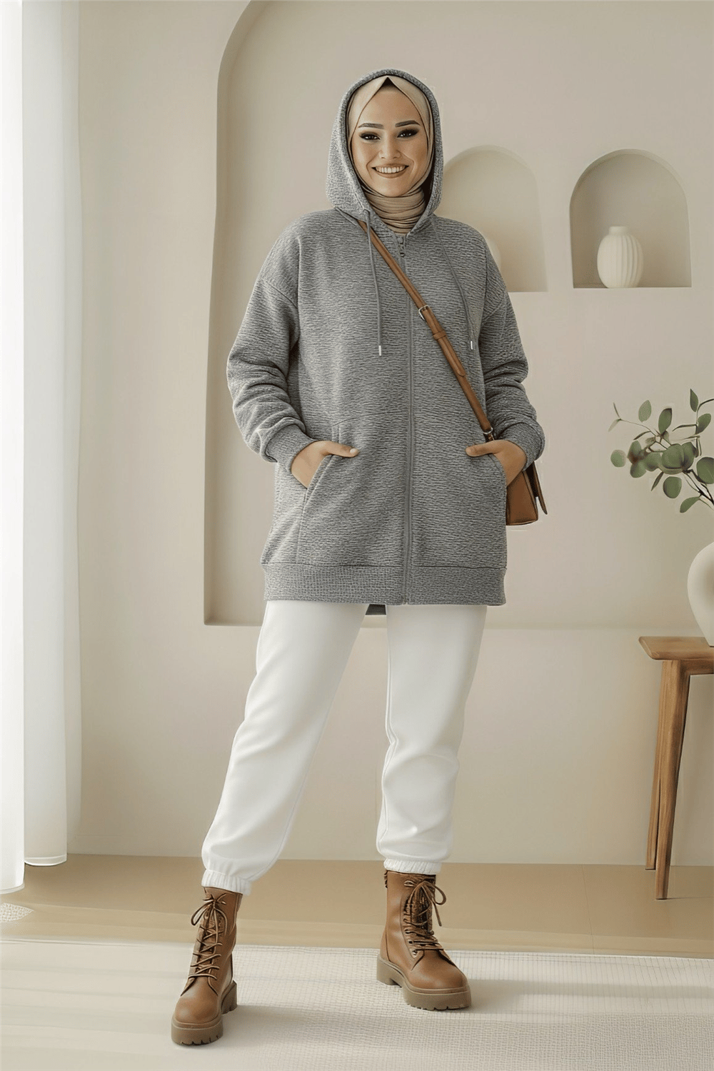 Kapşonlu Cepli Fermuarlı Penye Polar -Gri-Sweatshirt-104-1397-R11