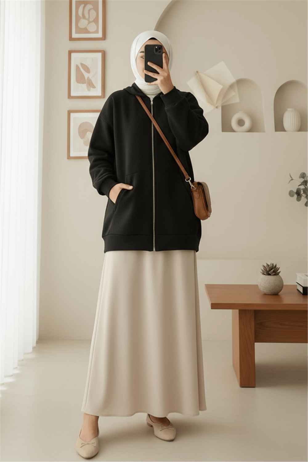 Kapşonlu Cepli Fermuarlı Penye Polar -Siyah-Sweatshirt-104-1397-R01