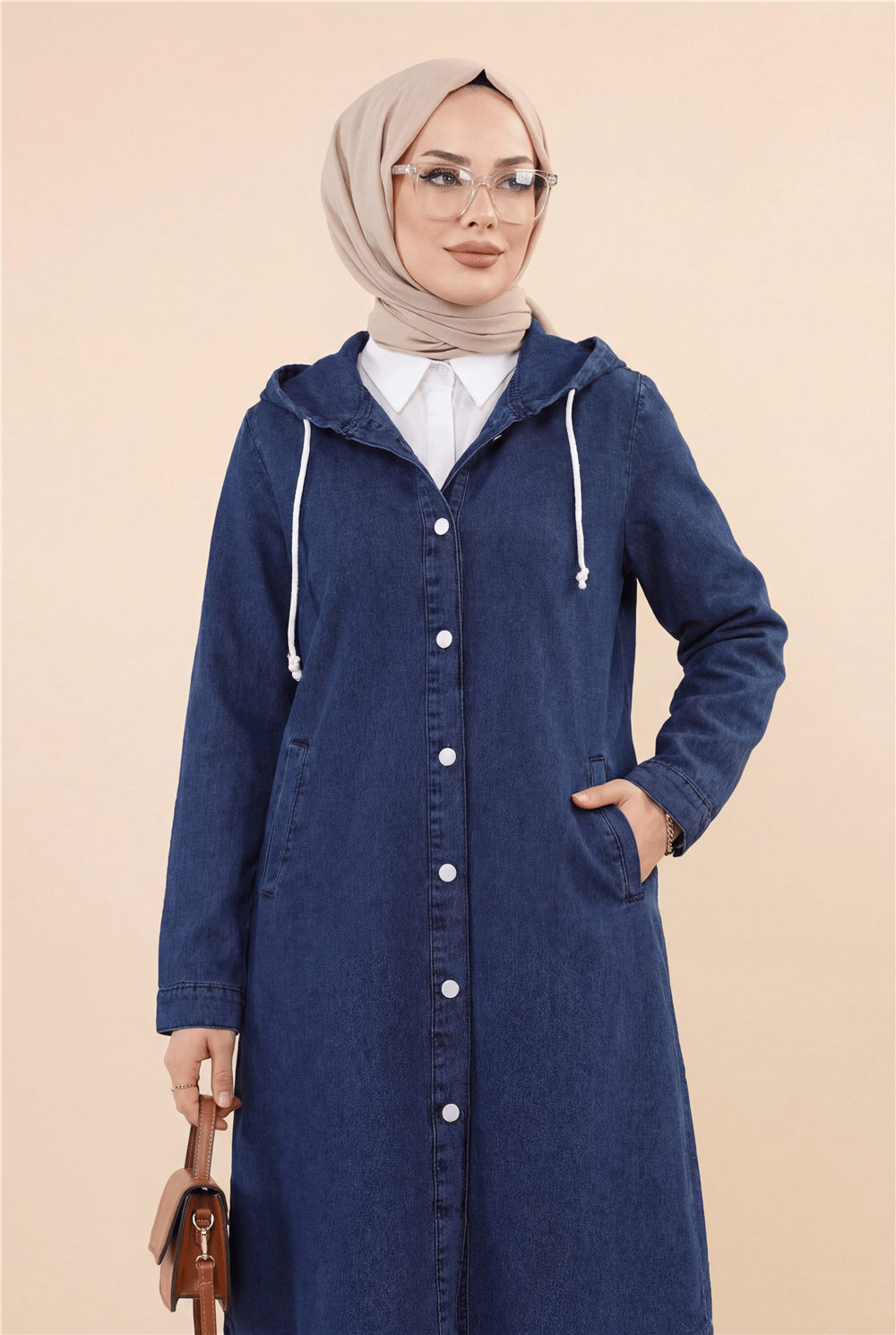 Kapşonlu Düğmeli Oval Kesim Kot Kap   -Laci-Trençkot-197-1308-R03