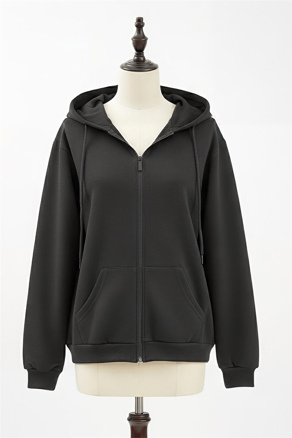 Kapşonlu Fermuarlı Cepli Penye Sweat -Siyah-Sweatshirt-104-3293-R01