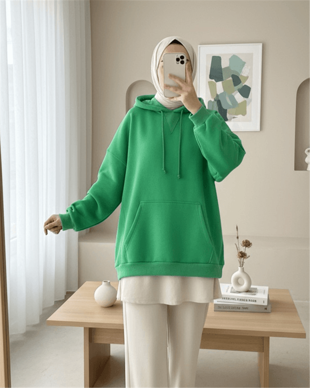 Kapşonlu Kanguru Cepli Şardonlu Sweat -Yeşil-Sweat-338-31476-R35