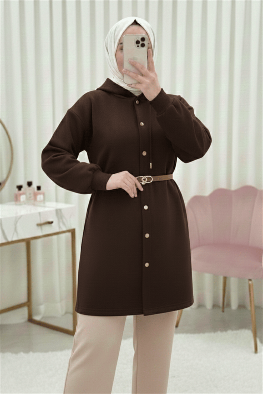 Kapşonlu Önü Çıtçıtlı Beli Kemerli Üç İplik Sweat Kap -Kahve-Trençkot-349-5295-R15