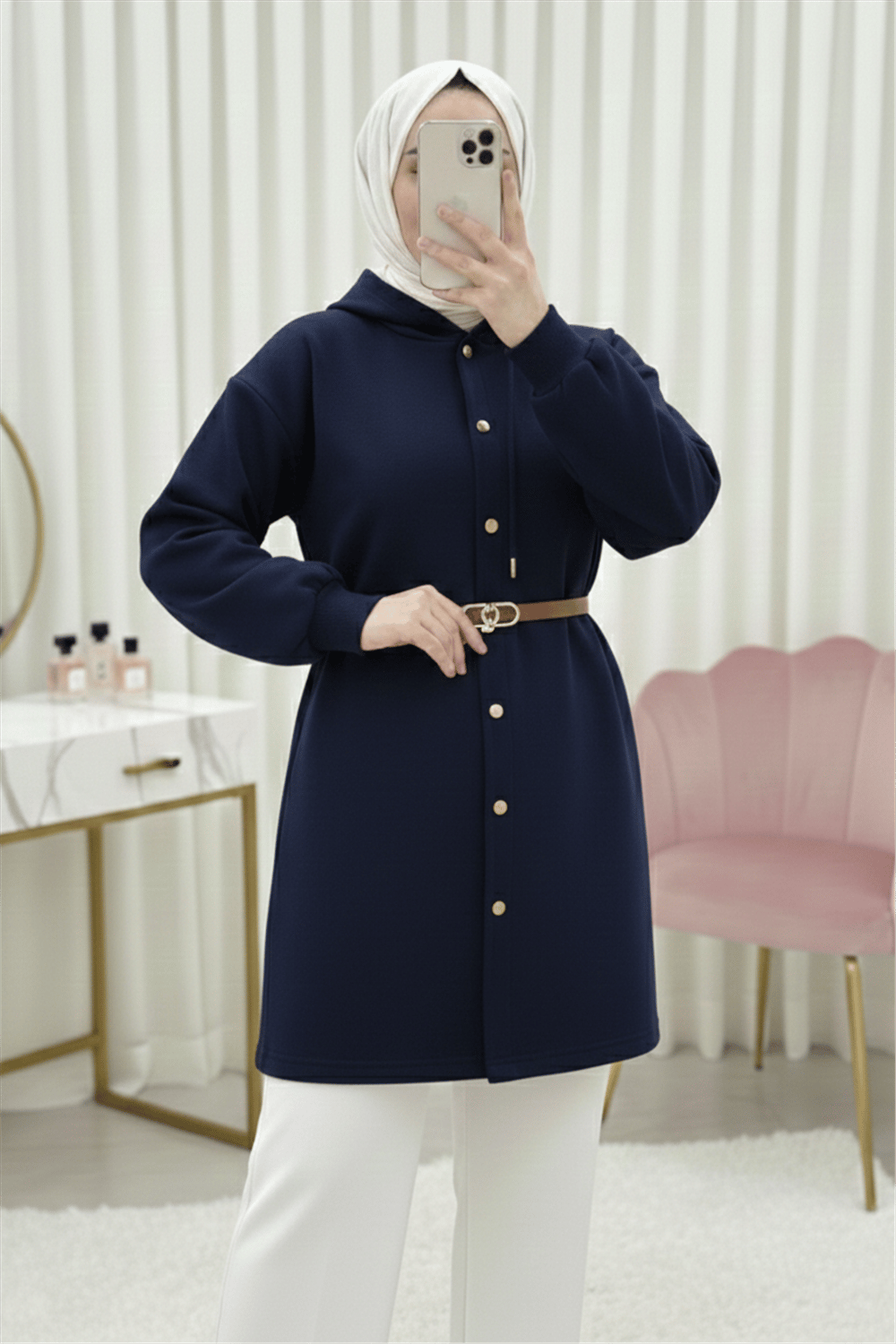Kapşonlu Önü Çıtçıtlı Beli Kemerli Üç İplik Sweat Kap -Laci-Trençkot-349-5295-R03