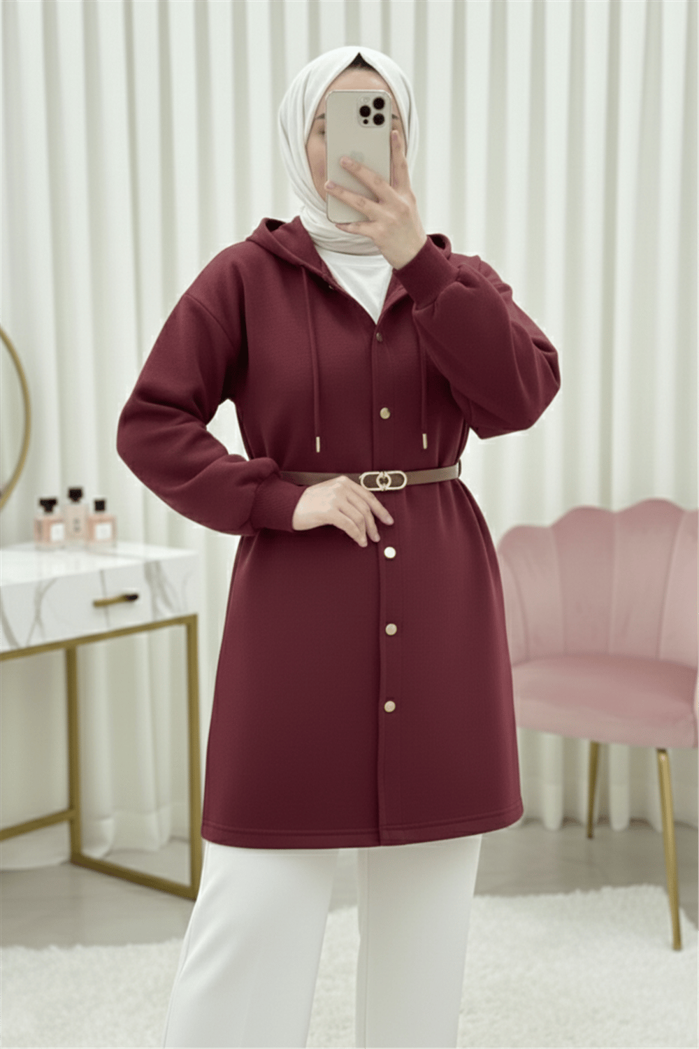 Kapşonlu Önü Çıtçıtlı Beli Kemerli Üç İplik Sweat Kap -Bordo-Trençkot-349-5295-R04