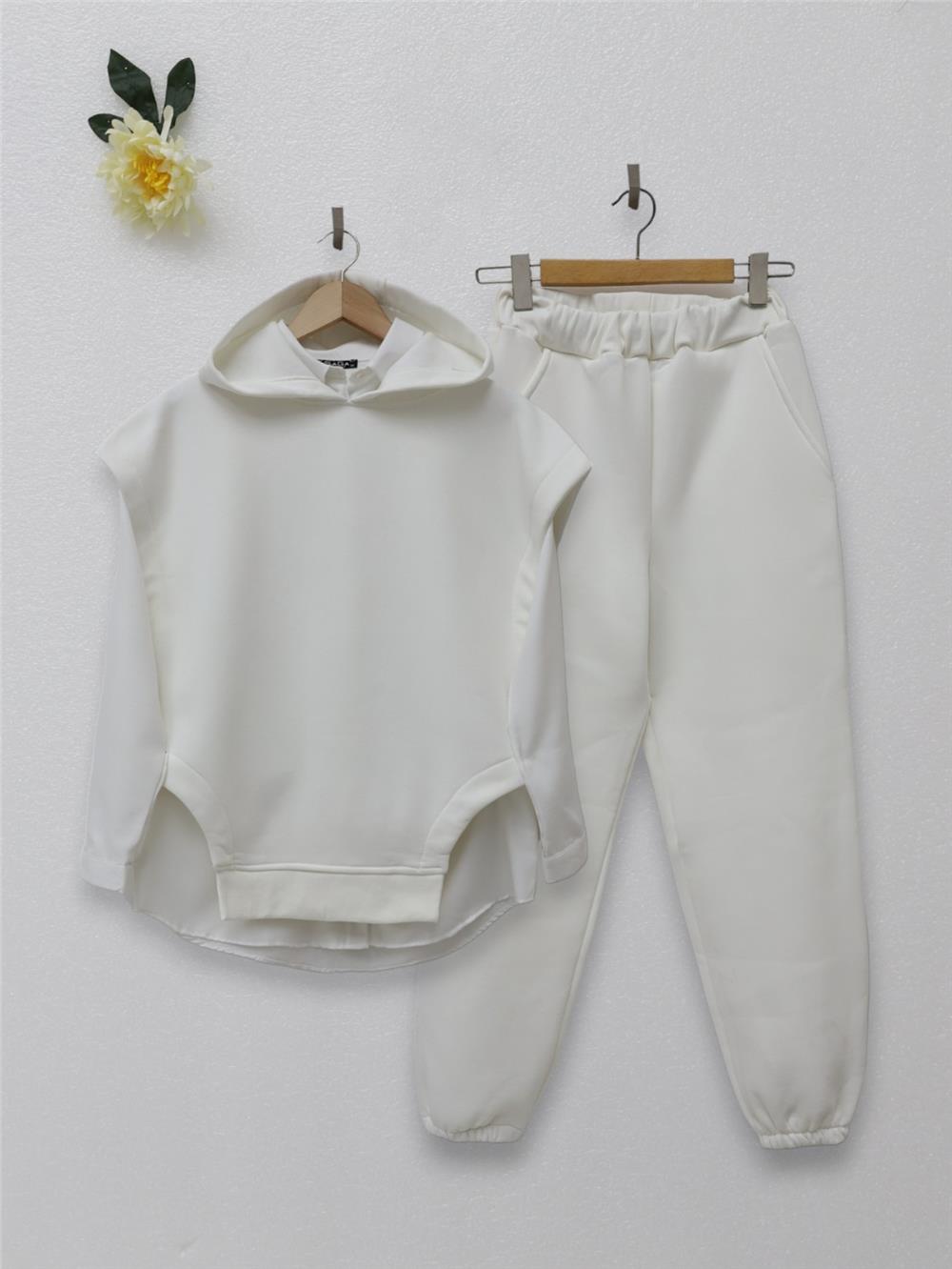 Kapüşonlu Üç İplik Şardonlu Pantolonlu Takım -Ekru-102-3119-R07