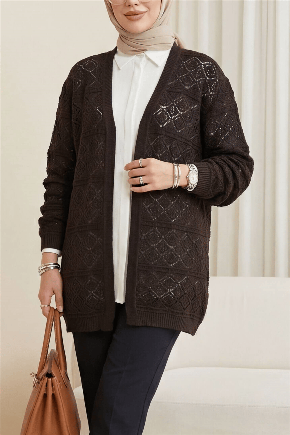 Kare Desenli Ajurlu Salaş Triko Hırka -K. Kahve-Hırka-109-1212-R54