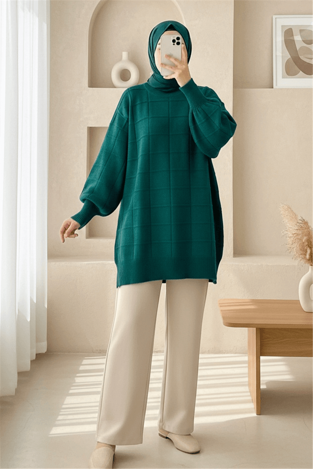 Kare Desenli Yırtmaçlı Yumoş Triko Tunik  -Zümrüt-Kazak-295-4510-R17