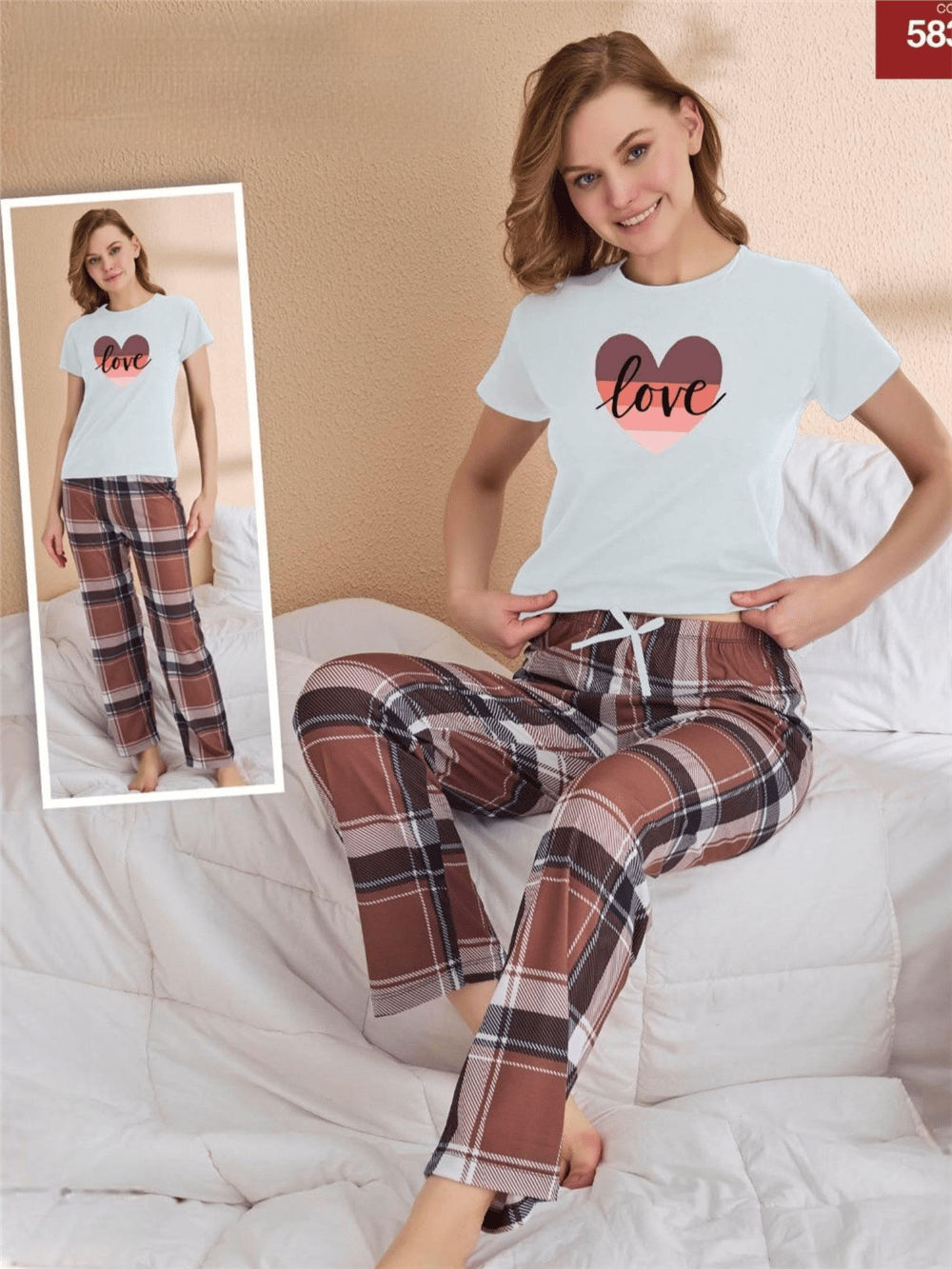 Kareli Kısa Kollu Pijama Takımı -Su Yeşili-Pijama-416-58318-R36