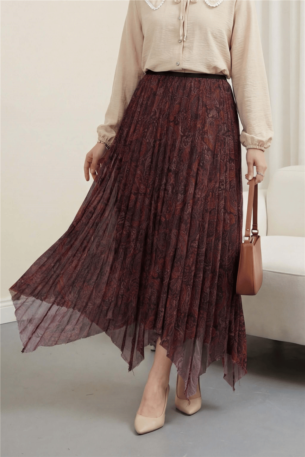 Karışık Desen Beli Lastikli Asimetrik Kesim Astarlı Tül Etek -Bordo-Etek-207-4252-R04