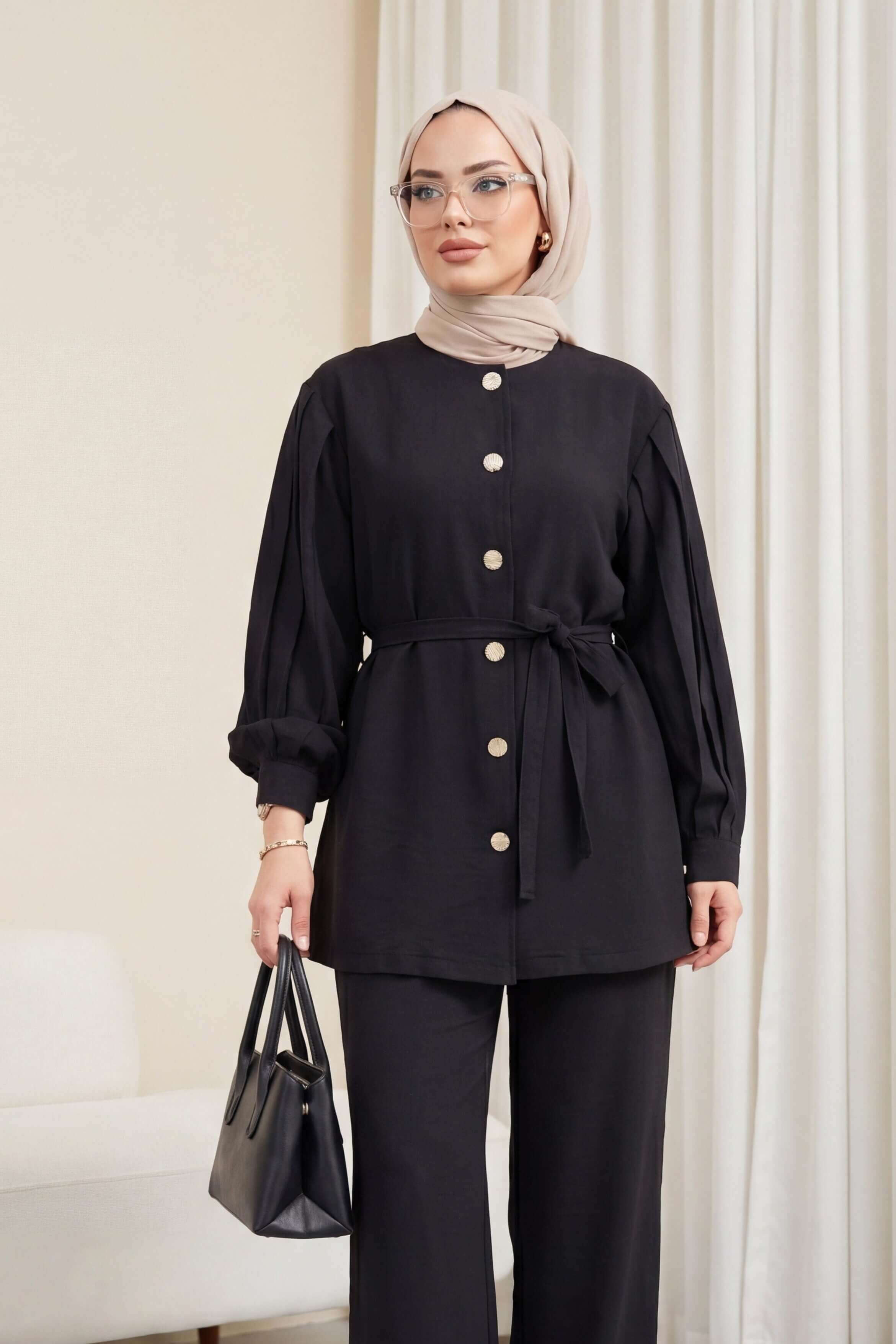 Karpuz Kol Beli Bağcıklı Pantolonlu Lena Takım -Siyah-Takım-442-10085-R01
