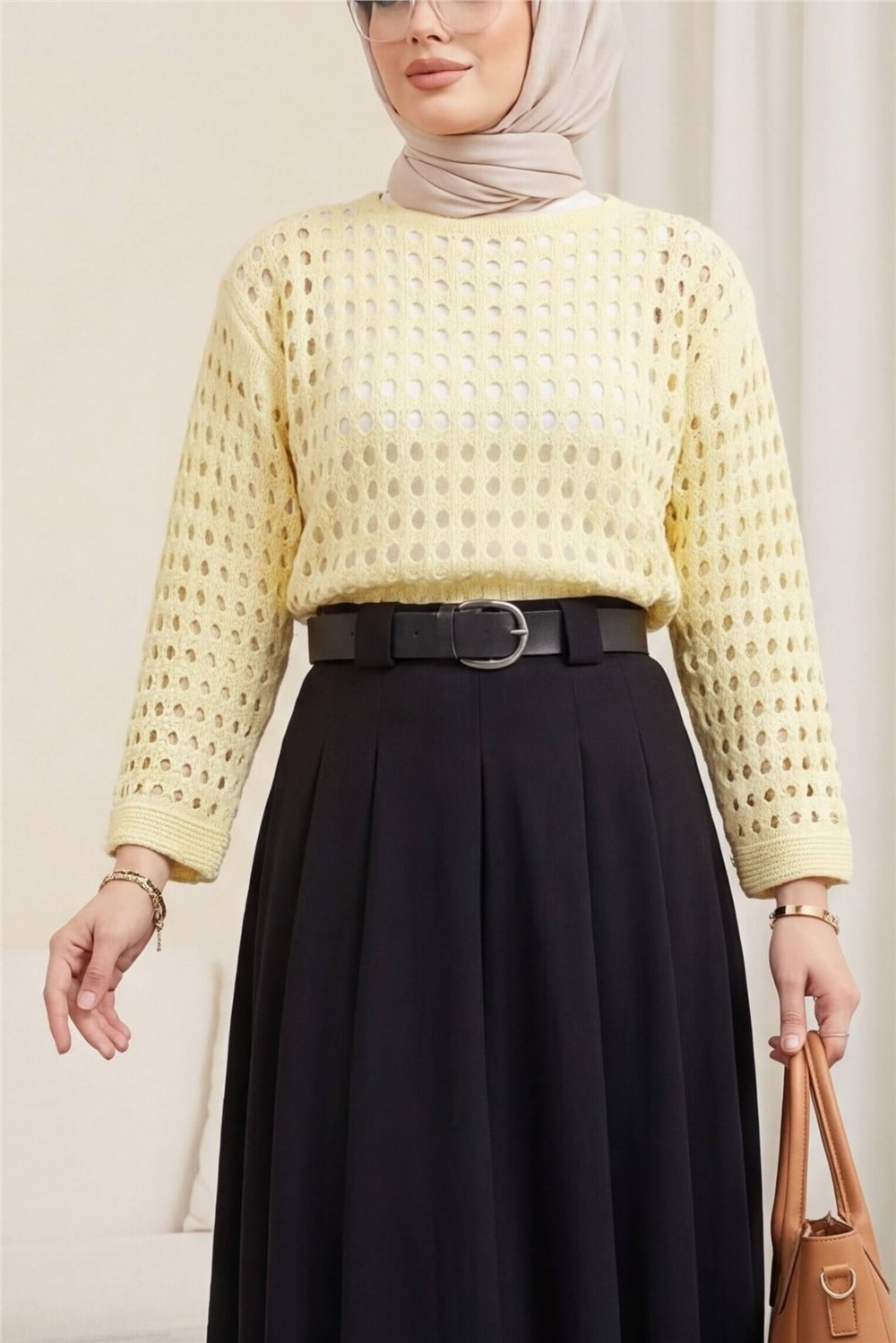 Kayık Yaka Ajurlu Triko Kazak  -Açık Sarı-Kazak-109-0987-R75